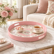 Ramadan & Eid al-Fitr Plastic Serving Tray – Pink Rose Medallion plastic serving tray shown in a round styled scene.