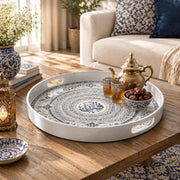 Ramadan & Eid al-Fitr Plastic Serving Tray – Calligraphy Rosette Rings plastic serving tray shown in a round styled scene.