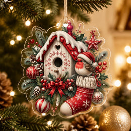 Clear acrylic hanging decor shaped like a Christmas gnome holding a candy cane, with a red-and-white striped hat.