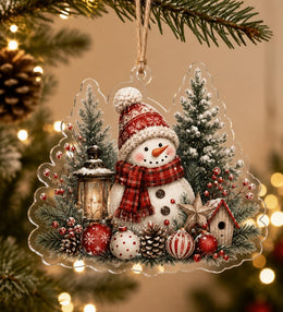 Clear acrylic hanging wall decor featuring a cute Christmas gnome in a plaid hat sitting in a snowy forest.