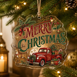 Vintage Christmas wreath acrylic hanging wall decor with holly berries, pine branches, and holiday greeting text.