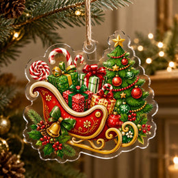 Clear acrylic hanging wall decor featuring a vintage illustration of Santa’s sleigh, reindeer, and snowflakes.