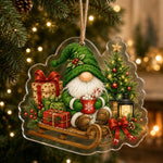 Christmas gnome driving a vintage red truck loaded with gifts acrylic hanging wall decor with clear edges.