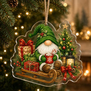 Christmas gnome driving a vintage red truck loaded with gifts acrylic hanging wall decor with clear edges.