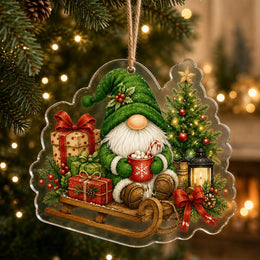 Christmas gnome driving a vintage red truck loaded with gifts acrylic hanging wall decor with clear edges.