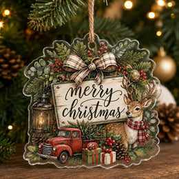 Vintage watercolor Christmas floral design printed on a clear round acrylic hanging tag with a red ribbon bow.