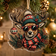 Cool reindeer wearing sunglasses and Santa hat on clear acrylic hanging wall decor with red and green accents.