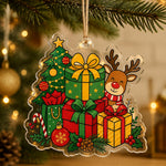 Stacked red, green, and yellow cartoon Christmas gift boxes printed on clear acrylic hanging wall decor.