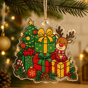 Stacked red, green, and yellow cartoon Christmas gift boxes printed on clear acrylic hanging wall decor.