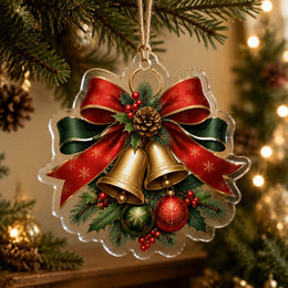 Clear acrylic Christmas hanging ornament with golden bells and red bow hanging on a pine tree branch.