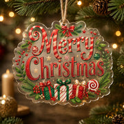 Clear scalloped Christmas acrylic hanging decor with Merry Christmas text, gifts, and pine branches hung on a tree.
