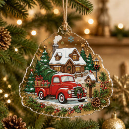 Clear Christmas acrylic hanging decor with a vintage red truck and snowy cabin design hanging on a lit Christmas tree.