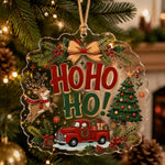 Clear scalloped acrylic hanging ornament featuring HO HO HO text, a vintage red truck, and a reindeer.