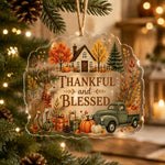 Scalloped clear acrylic hanging decor featuring a cozy cottage, vintage truck, pumpkins, deer, and Thankful and Blessed text.