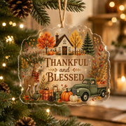 Scalloped clear acrylic hanging decor featuring a cozy cottage, vintage truck, pumpkins, deer, and Thankful and Blessed text.