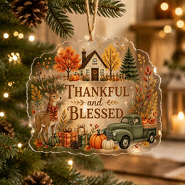 Scalloped clear acrylic hanging decor featuring a cozy cottage, vintage truck, pumpkins, deer, and Thankful and Blessed text.