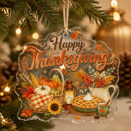 Clear acrylic Thanksgiving hanging sign with colorful harvest art, pumpkin basket, and a scalloped edge.