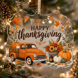 Wavy clear acrylic Thanksgiving hanging decor featuring a vintage orange pumpkin truck, sunflowers, and jute twine.