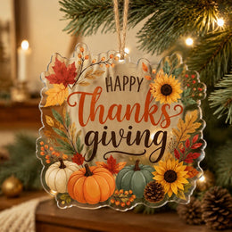 Happy Thanksgiving clear acrylic hanging ornament featuring colorful pumpkins, bright sunflowers, and rustic jute twine.