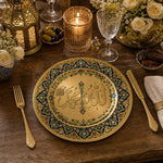 Allah Prophet Ramadan Decorative Plastic Plate – Gold Medallion full-print plastic serving tray shown in a styled room scene.