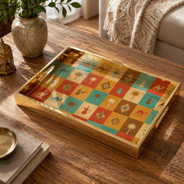 Arabic Patchwork Glass Serving Tray – Camel Palm Grid - MintiHome