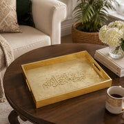 Bismillah Calligraphy Glass Serving Tray – Gold Islamic Border glass serving tray shown in a second styled room scene.