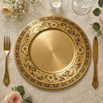 Black Filigree Wedding Decorative Plastic Plate – Gold Sunburst full-print plastic serving tray shown in a product view.