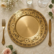 Black Filigree Wedding Decorative Plastic Plate – Gold Sunburst full-print plastic serving tray shown in a product view.