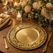 Black Filigree Wedding Decorative Plastic Plate – Gold Sunburst full-print plastic serving tray shown in a styled room scene.