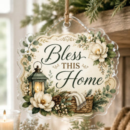 Bless This Home Acrylic Hanging Wall Decor – Magnolia hanging wall decor with printed artwork and cut silhouette.