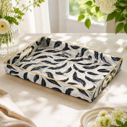 Blue Feather Print Plastic Serving Tray – Full Print Border full-print plastic serving tray shown in a product view.