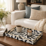 Blue Feather Print Plastic Serving Tray – Full Print Border full-print plastic serving tray shown in a styled room scene.