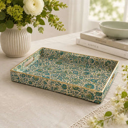 Blue Floral Medallion Plastic Serving Tray – Full Print Border full-print plastic serving tray shown in a product view.