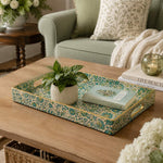 Blue Floral Medallion Plastic Serving Tray – Full Print Border full-print plastic serving tray shown in a styled room scene.