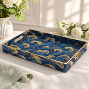Blue Gold Wave Plastic Serving Tray – Full Print Border full-print plastic serving tray shown in a product view.