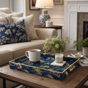 Blue Gold Wave Plastic Serving Tray – Full Print Border full-print plastic serving tray shown in a styled room scene.