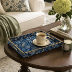 Blue Paisley Mini Daisy Plastic Serving Tray – Full Print Border full-print plastic serving tray shown in a styled room scene.
