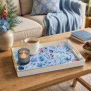 Blue Winter Botanical Plastic Serving Tray – Hydrangea plastic serving tray shown in a rectangular styled scene.