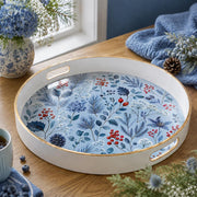 Blue Winter Botanical Plastic Serving Tray – Hydrangea plastic serving tray shown in a round product view.