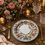 Boho Floral Wedding Decorative Plastic Plate – Blue Bead Border full-print plastic serving tray shown in a styled room scene.