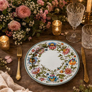 Boho Floral Wedding Decorative Plastic Plate – Blue Bead Border full-print plastic serving tray shown in a styled room scene.