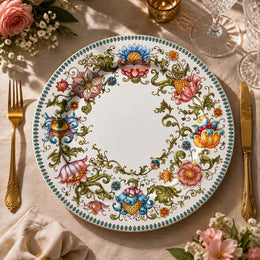 Boho Floral Wedding Decorative Plastic Plate – Blue Bead Border full-print plastic serving tray shown in a product view.