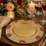 Boho Mandala Wedding Decorative Plastic Plate – Burgundy Gold full-print plastic serving tray shown in a styled room scene.