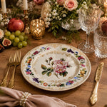Botanical Roses Wedding Decorative Plastic Plate – Gold Scrollwork full-print plastic serving tray shown in a styled room scene.