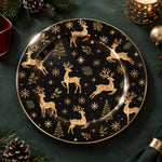 Christmas Decorative Charger Plate – Gold Reindeer Snowfall decorative charger plate on a styled table.