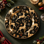 Christmas Decorative Charger Plate – Leaping Reindeer Holly decorative charger plate on a styled table.