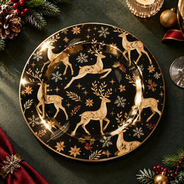 Christmas Decorative Charger Plate – Leaping Reindeer Holly decorative charger plate on a styled table.