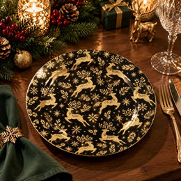 Christmas Decorative Charger Plate – Grand Gold Reindeer decorative charger plate on a styled table.