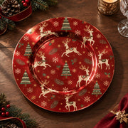Christmas Decorative Charger Plate – Cream Reindeer Trees decorative charger plate on a styled table.