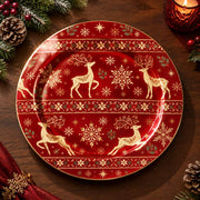 Christmas Decorative Charger Plate – Folk Border Reindeer decorative charger plate on a styled table.